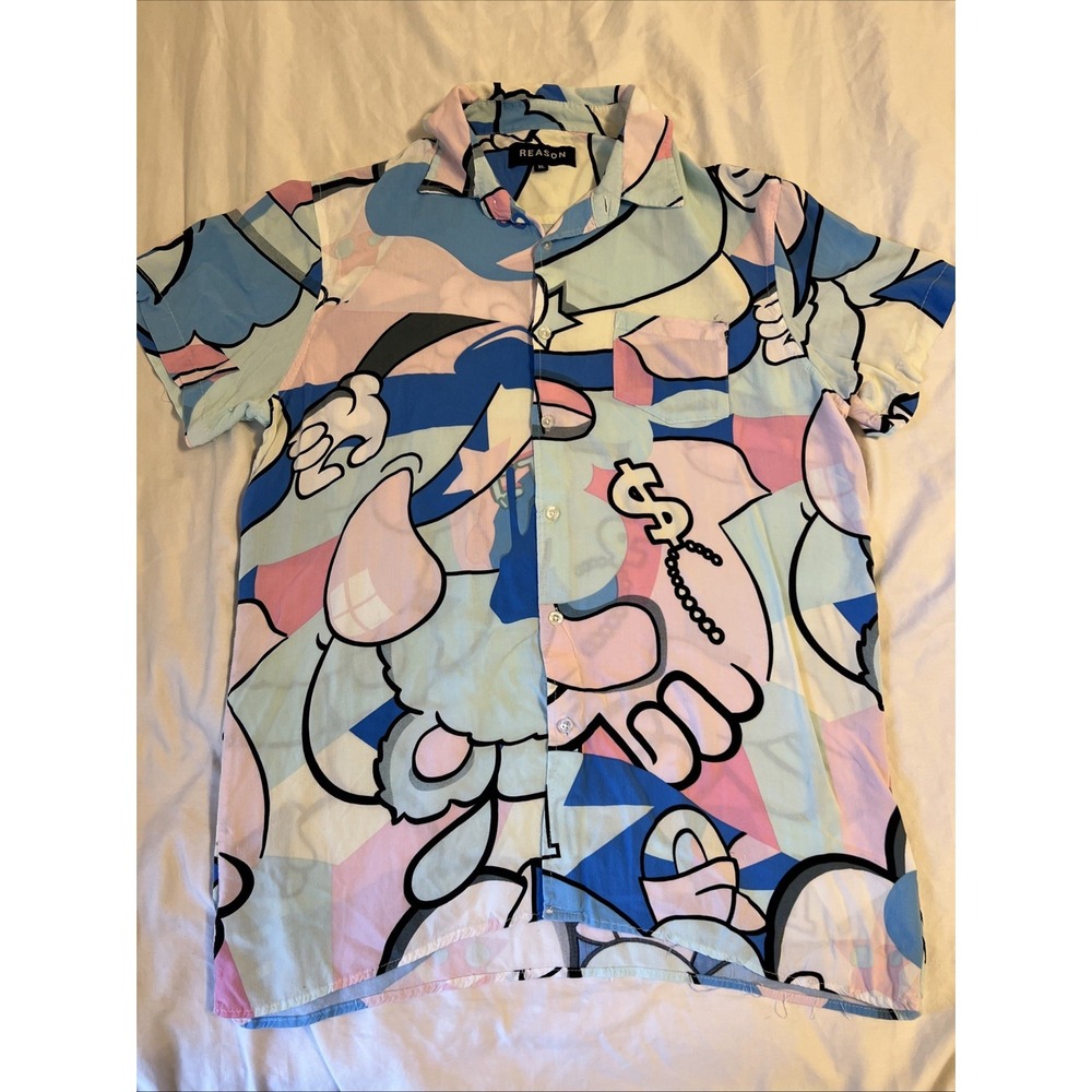 Reason Clothing Mens XL Cartoon Graffiti Print Button Up Shirt Blue Pink A1-038